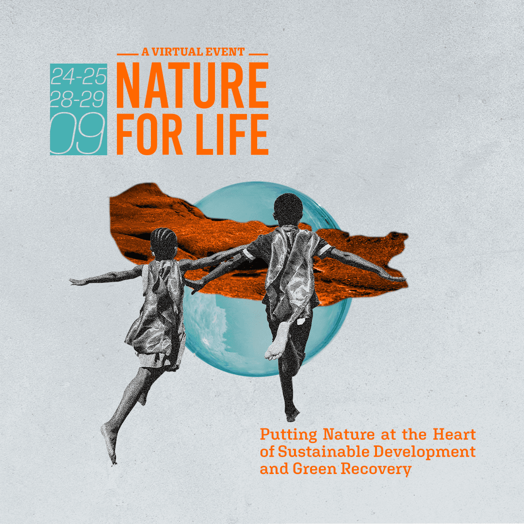A promotional graphic for the Nature for Life virtual event (September 24–29), showing two illustrated children running hand in hand across a collaged landscape, with the tagline 'Putting Nature at the Heart of Sustainable Development and Green Recovery.'