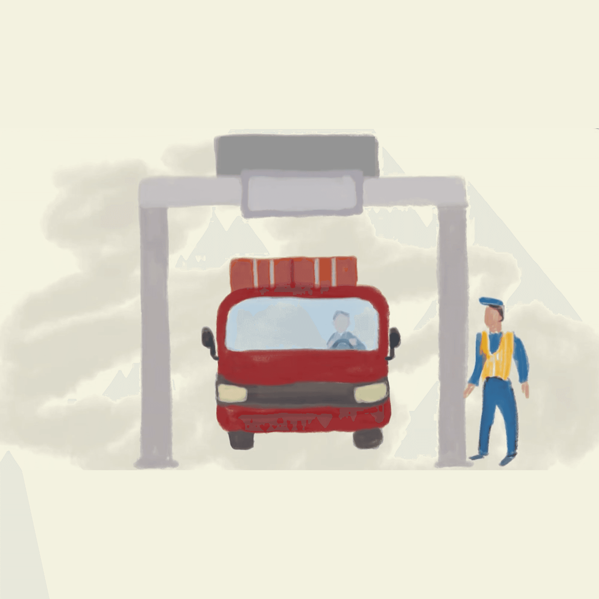An illustrated red delivery truck loaded with orange crates passes through a large grey scanning gate at a port checkpoint, as a worker in a yellow safety vest looks on. The scene depicts routine customs inspection, a checkpoint where hidden cargo could be detected.