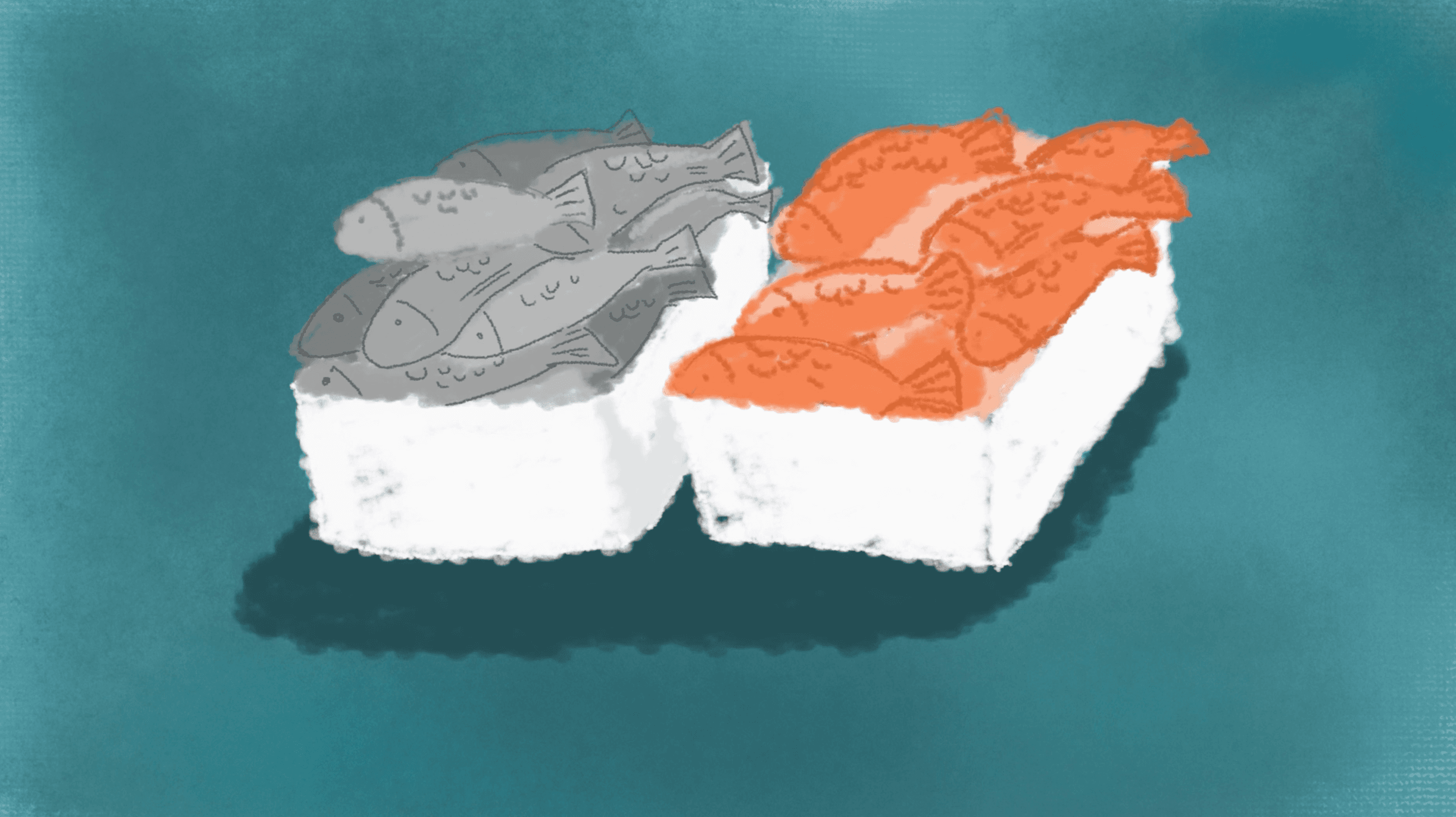 Two illustrated polystyrene crates of fish sit side by side, one stacked with grey fish, the other with vivid orange, against a deep teal background. The simple, graphic image draws a quiet contrast between abundance and scarcity, or perhaps past and present catch.
