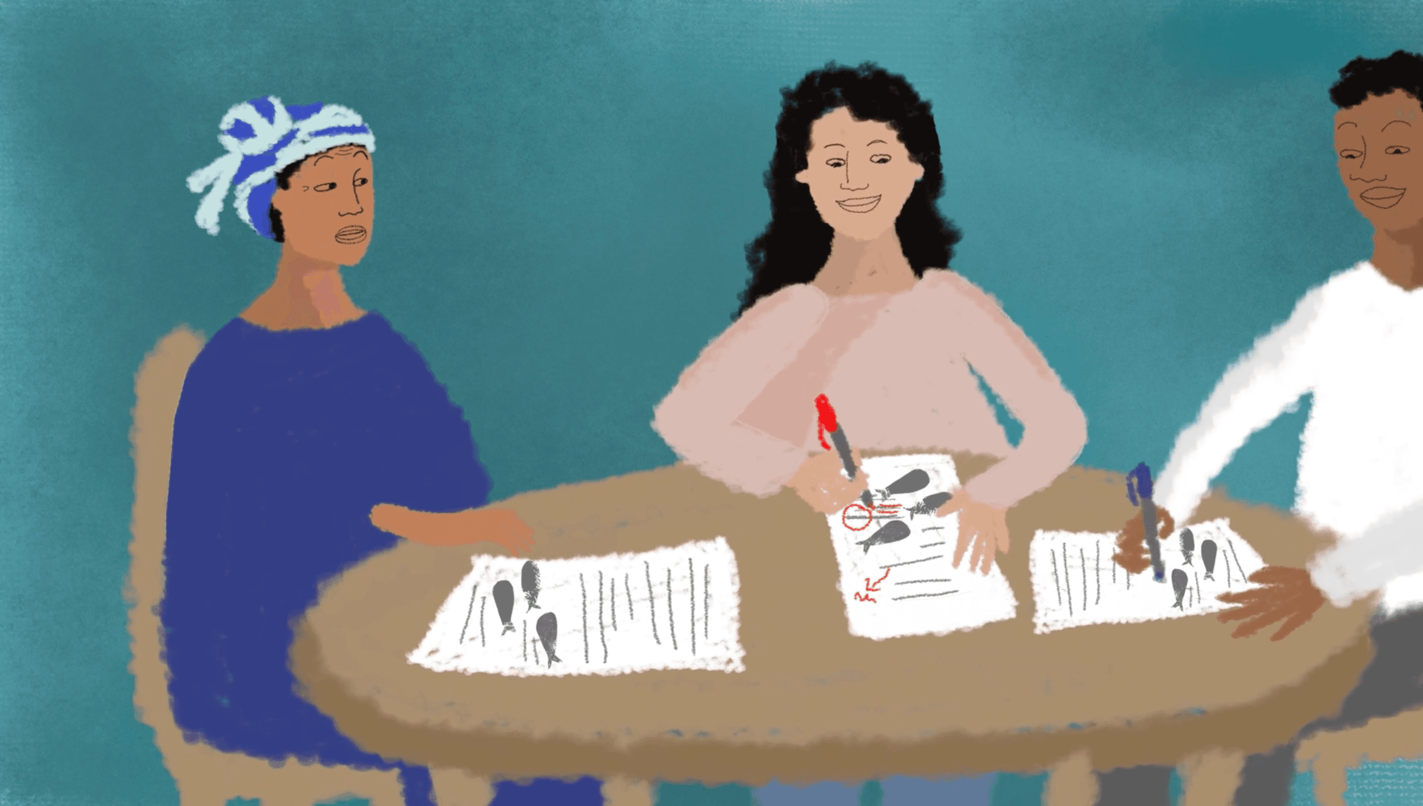 Three illustrated women sit around a round table, leaning over documents covered in fish illustrations, one annotating with a red pen, another gesturing as she speaks. The scene conveys collaborative decision-making, knowledge and authority shared across the table.