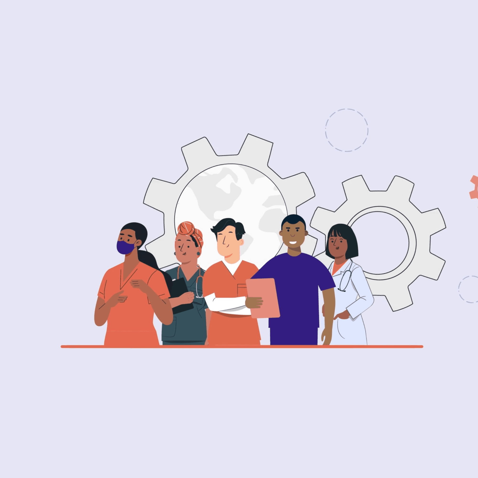 Illustration of a diverse group of healthcare workers in front of gears and a globe