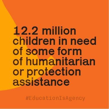 A campaign statistic graphic reading '12.2 million children in need of some form of humanitarian or protection assistance,' with the hashtag #EducationIsAgency, on an orange background.