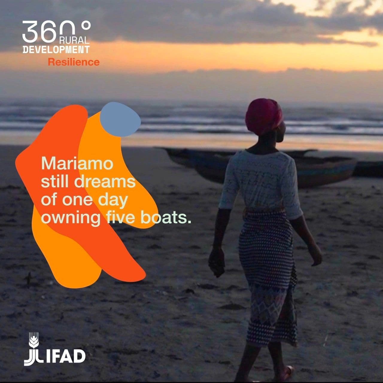 An English-language campaign graphic reading '360° Rural Development, Resilience — Mariamo still dreams of one day owning five boats,' over a photo of a woman walking past a boat on the beach at dusk.