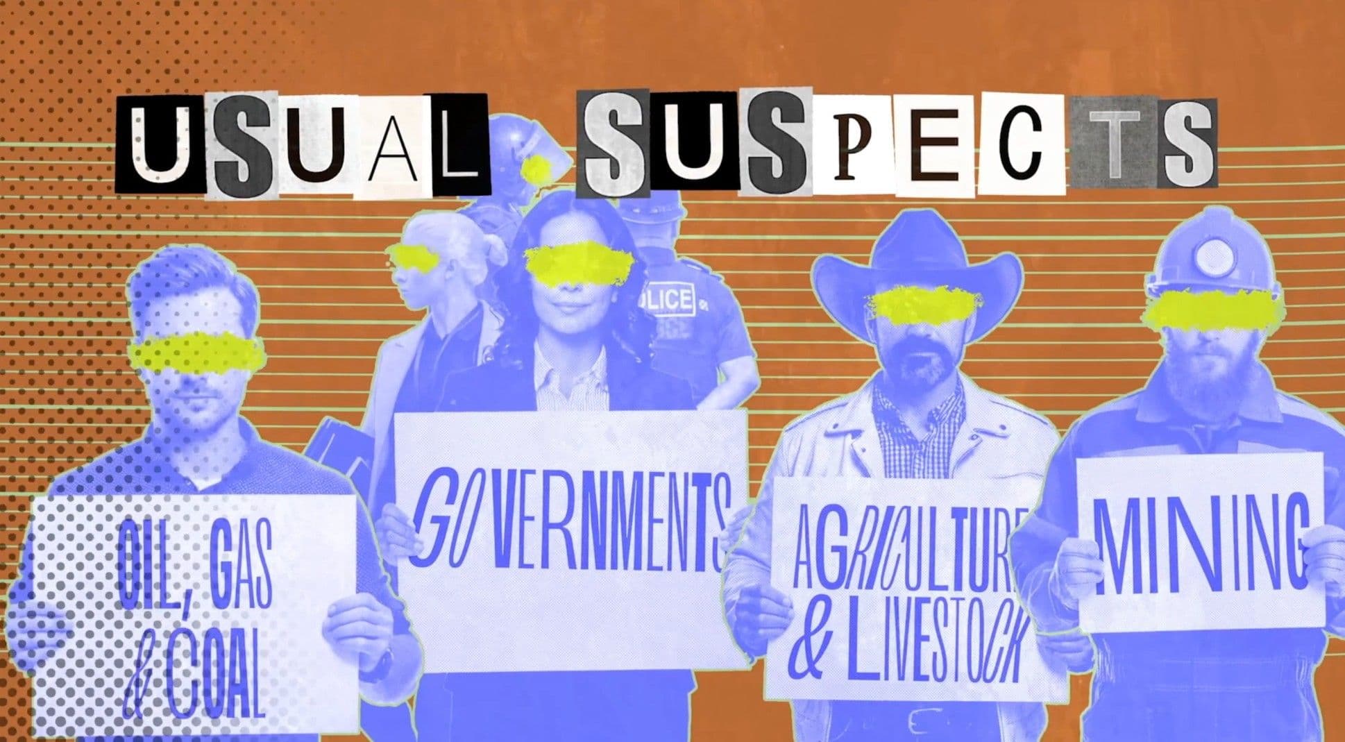 Four blue-tinted figures stand in a line against an orange background, each holding a placard identifying a different industry sector, their eyes obscured by yellow redaction bars. The ransom-note lettering above them and the anonymising bars give the image the feel of a suspect lineup.