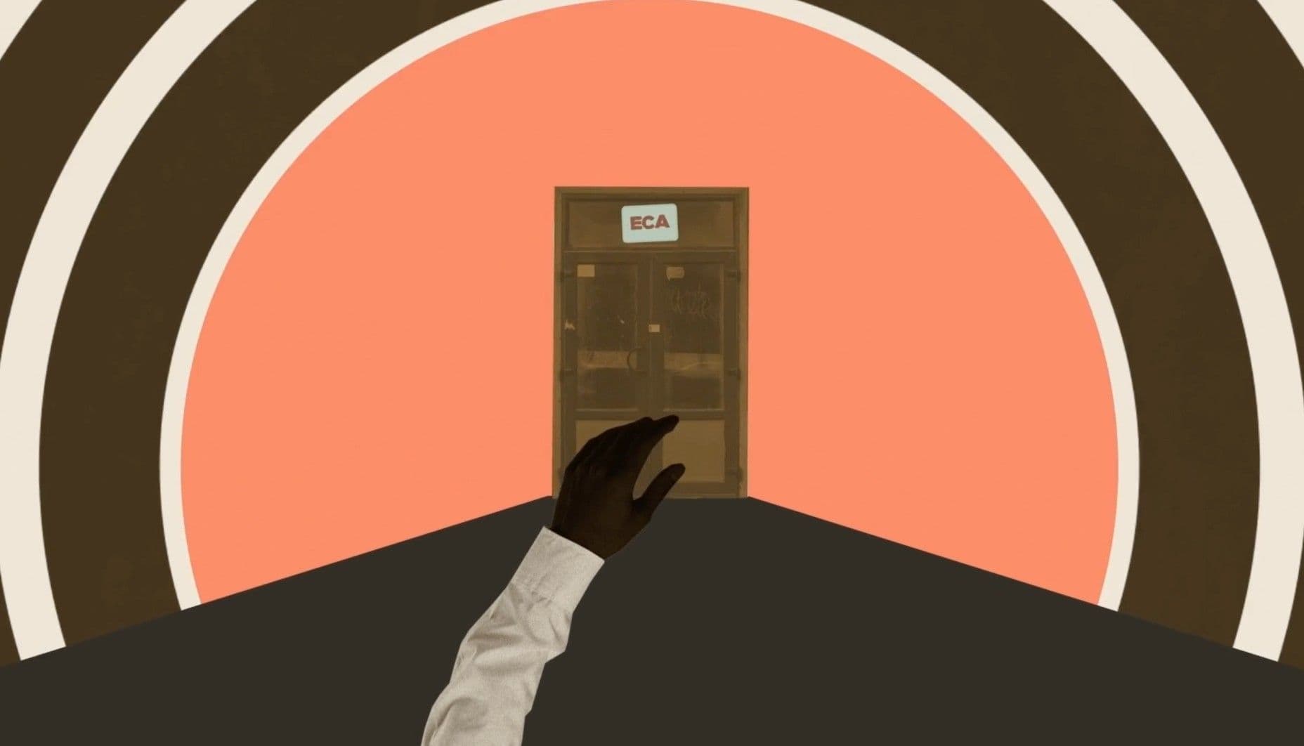 A dark hand in a white sleeve reaches across a diagonal table toward a distant glass door marked ECA, set against a warm coral circle and concentric rings on a dark background. The perspective creates a sense of both purpose and distance, an outstretched reach toward an institution.