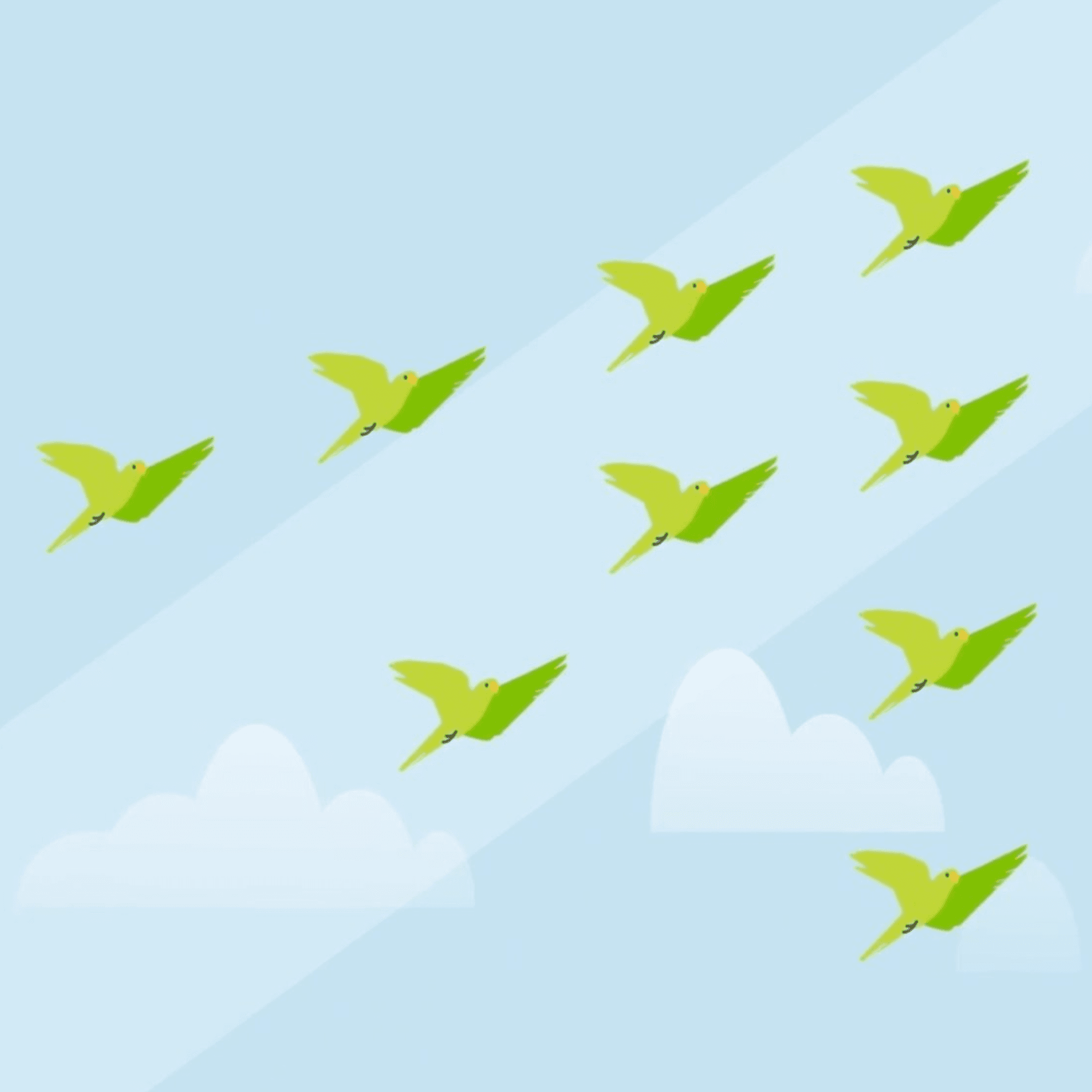 A loose flock of bright green illustrated parrots soars diagonally across a pale blue sky dotted with soft white clouds. The birds move freely and in loose formation, filling the frame with motion and lightness.
