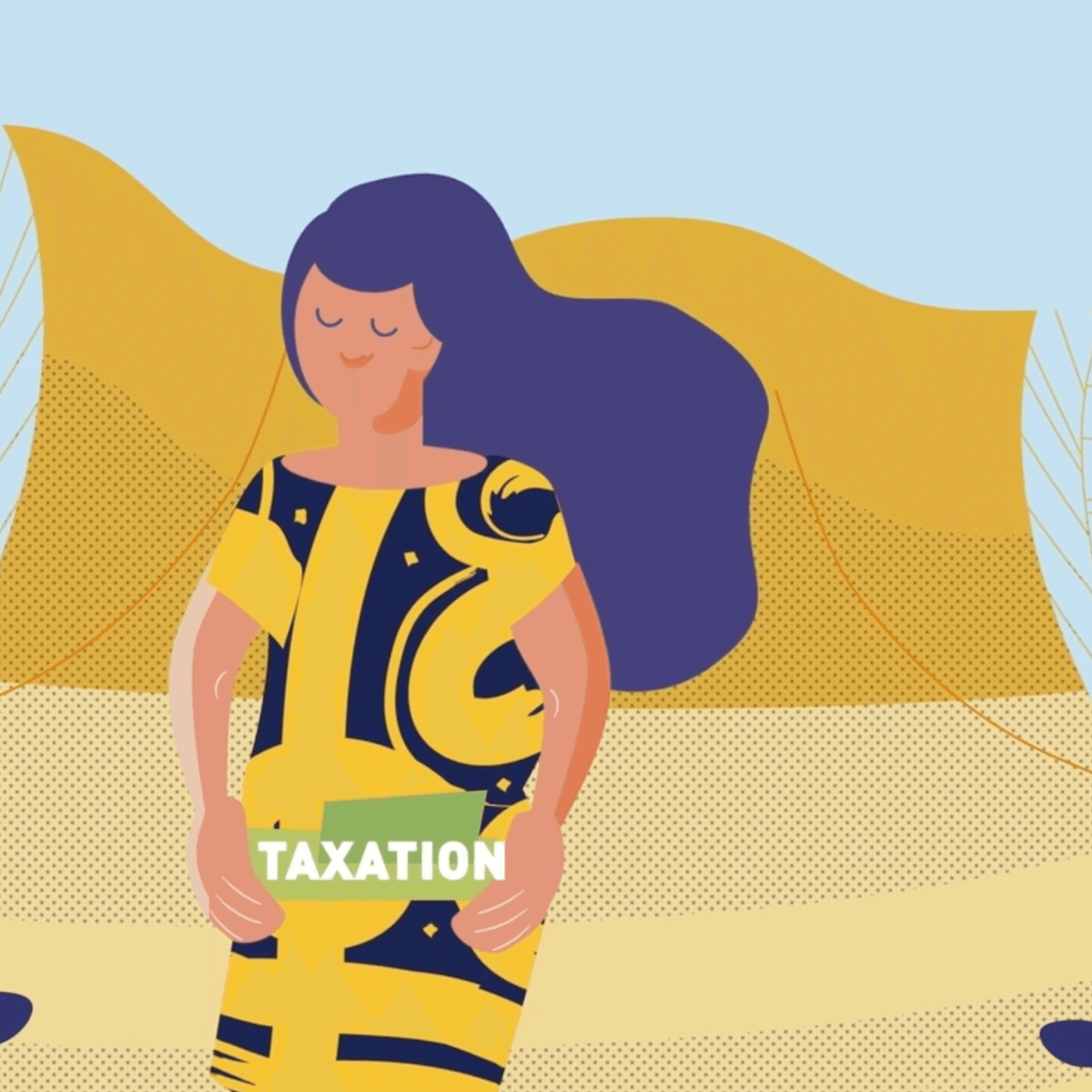 An illustrated woman in a bold yellow and navy patterned dress stands with eyes closed and a small smile, holding a green card, surrounded by stylised golden foliage against a warm sandy landscape. Her calm expression suggests quiet confidence in the face of a complex topic.