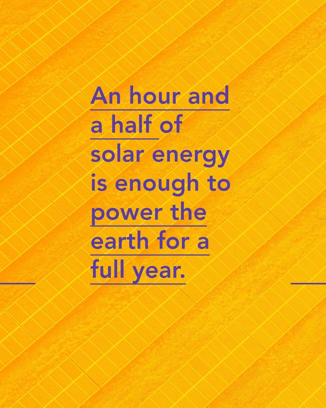 A campaign graphic over a yellow solar-panel texture reading 'An hour and a half of solar energy is enough to power the earth for a full year.'