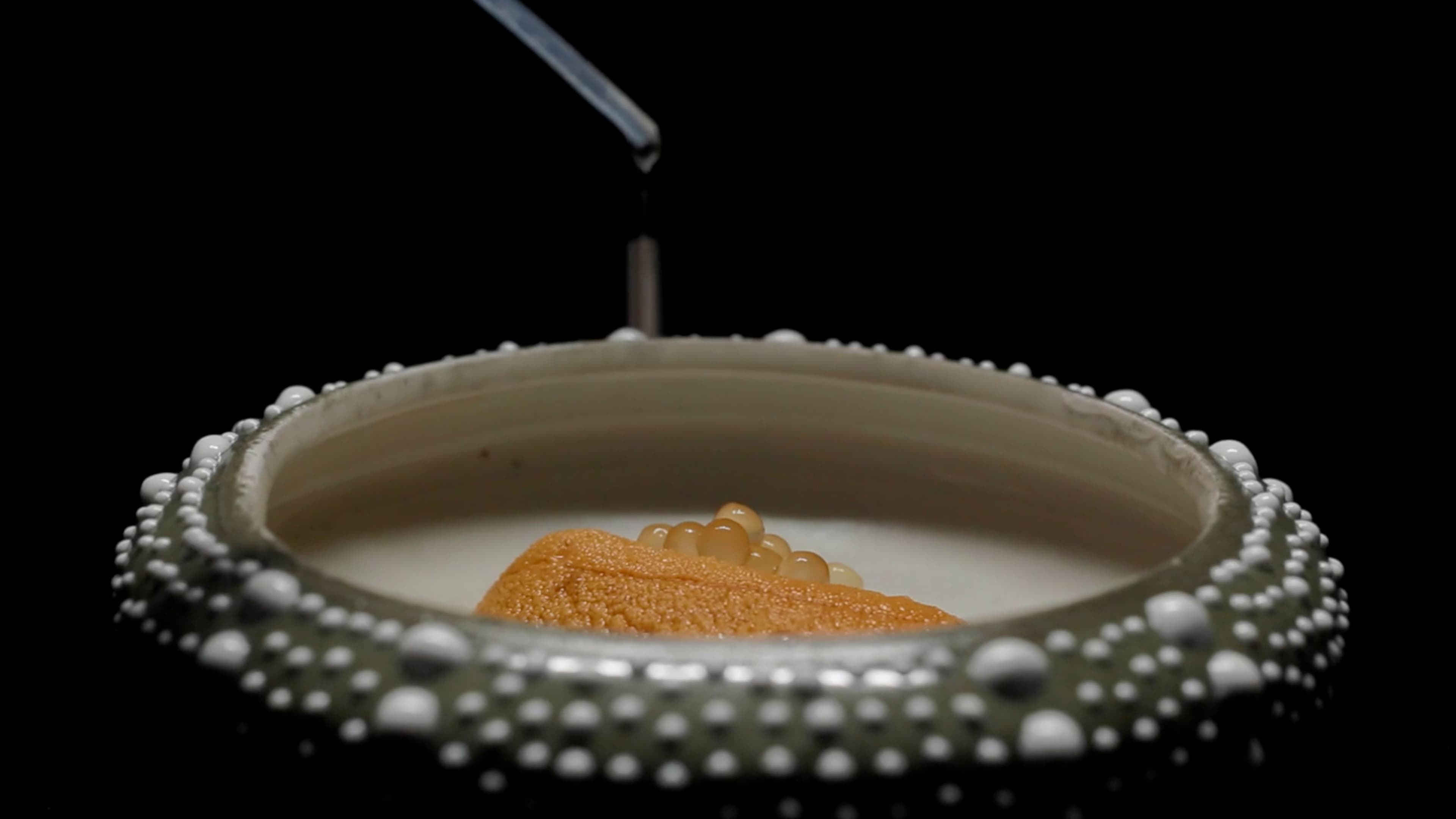 A coral-coloured quenelle topped with golden roe sits in a bowl ringed with pearl-like beads, as a thin stream is poured over it from above.