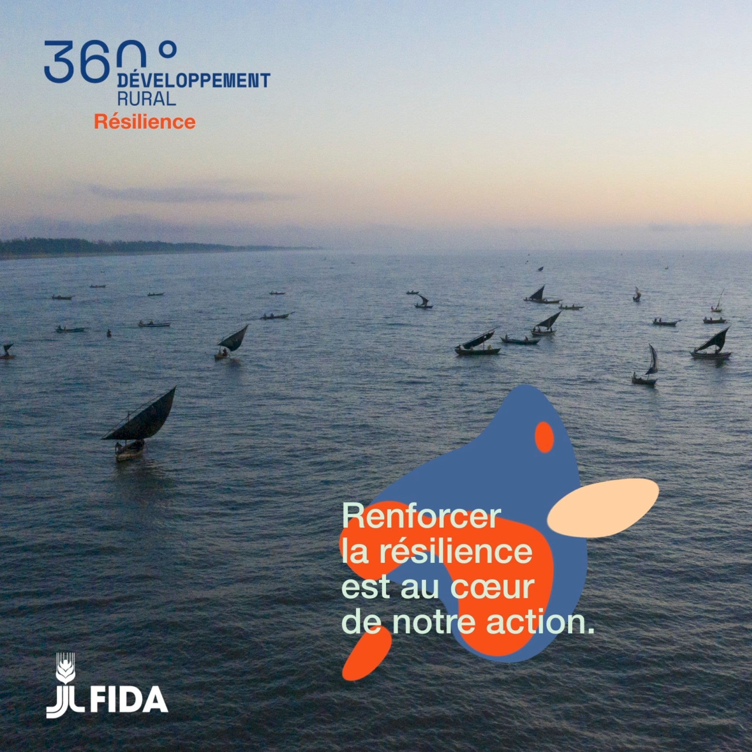 A French-language campaign graphic reading 'Renforcer la résilience est au cœur de notre action,' over an aerial photo of numerous fishing boats scattered across calm water at dusk.