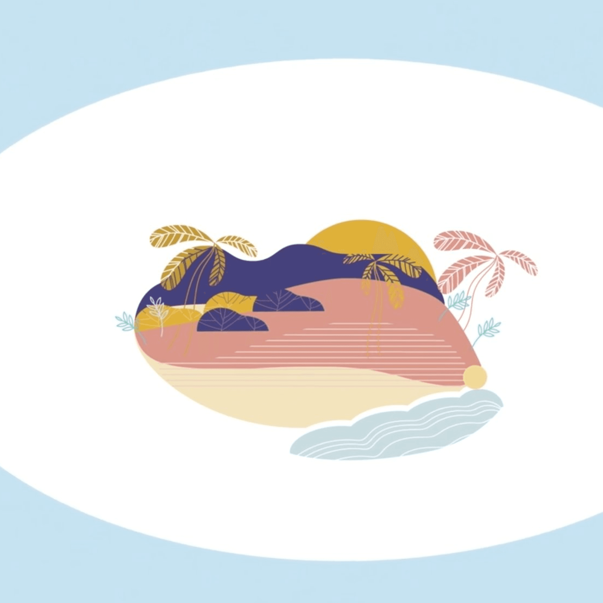 A delicate illustrated island scene, mountains, palm trees in gold and pink, and gentle waves, sits at the centre of a large white oval against a pale blue background. The miniature landscape has the quality of a precious thing held in the hand, serene and self-contained.
